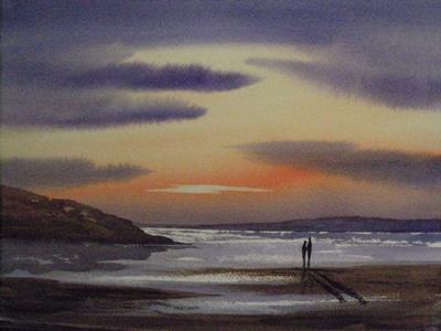 Sunset Paintings Famous Artists on Original Watercolour Painting Beach Couple At Sunset   Ebay