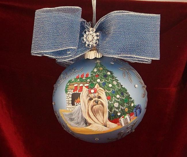 Art: Ice Blue Mini Scene Yorkie Christmas Ornament by Artist Lynne Bernier