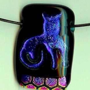 Art: Blue Kitty Fused Glass pendant by Artist Deborah Sprague