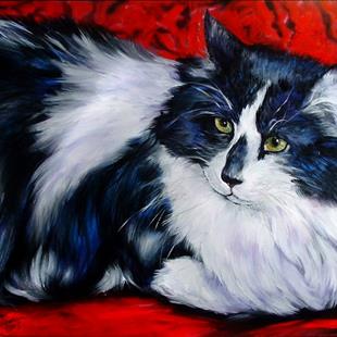 Art: Tuxedo Cat On A Red Tapestry by Artist Marcia Baldwin