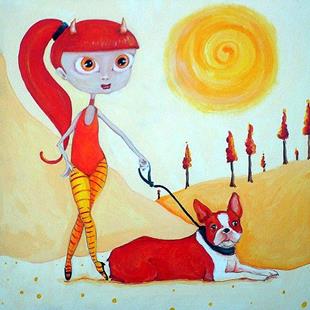 Art: devil girl in orange with boston terrier by Artist Noelle Hunt