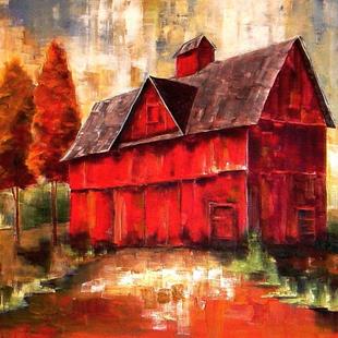 Art: Misty Fall Morning-Red Barn by Artist Diane Millsap