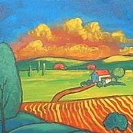 Art: Puffy Orange Clouds Over Green Fields by Artist Virginia Kilpatrick