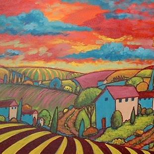 Art: Pink Roofs And Red Sky by Artist Virginia Kilpatrick