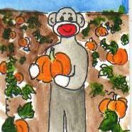 Art: Sock Monkey in the Pumpkin Patch by Artist Nancy Denommee   