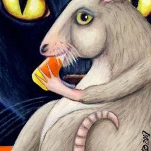 Art: Cat, Rat and Candy Corn Halloween ACEO by Artist Lisa M. Nelson