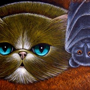Art: GINGER PERSIAN CAT & BAT GREETING CARD by Artist Cyra R. Cancel