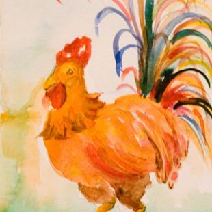 Art: Rooster with the Colorful Tail Feathers-sold by Artist Delilah Smith