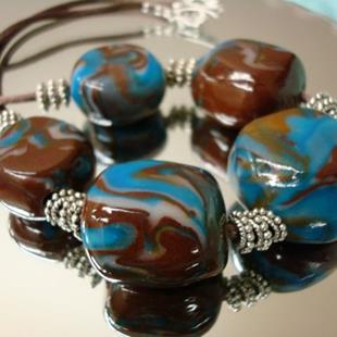 Art: Blue and Brown Stone Clay Bead Necklace by Artist Sarah Thomas