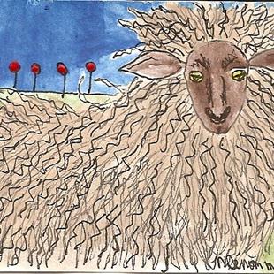 Art: Curly Sheep with Poppies by Artist Nancy Denommee   