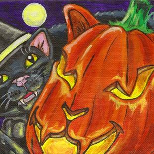 Art: Cat-O-Lantern & the Witch's Black Cat SOLD by Artist Kim Loberg