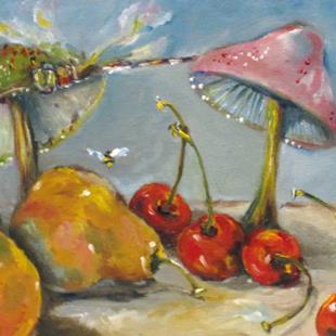 Art: Dragonfly and Mushrooms by Artist Delilah Smith