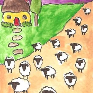 Art: Sheep By the Yellow Cottage by Artist Nancy Denommee   