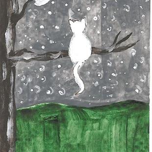 Art: White Cat on a Starry Night NFAC by Artist Nancy Denommee   