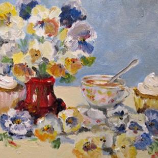Art: Pansies and Tea Cup by Artist Delilah Smith
