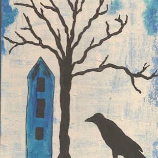 Art: Crow with Blue House by Artist Nancy Denommee   