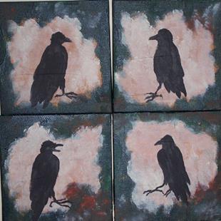 Art: Raven Quartet - four canvas paintings SOLD by Artist Nancy Denommee   