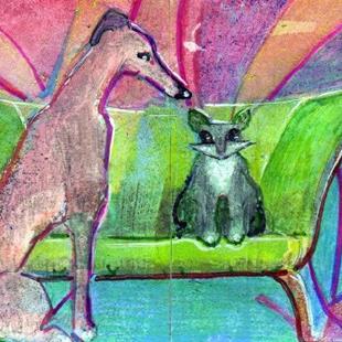 Art: Orig ACEO Greyhound & Cat, Sofa by Artist Judith A Brody