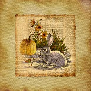 Art: Rabbit and Pumpkin in the Garden by Artist Patricia  Lee Christensen