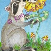 Art: 'May I Have This Dance?' Raccoon & Raccoon Flower SOLD by Artist Kim Loberg