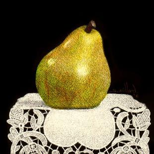 Art: Pear on Lace Sm.jpg by Artist Sandra Willard