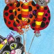 Art: The Witch's Black Cat and His Lady Bug Mouse Balloons - SOLD by Artist Kim Loberg