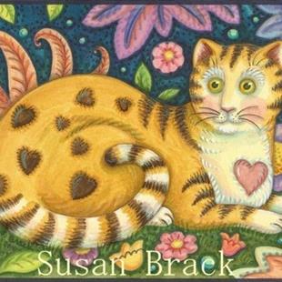 Art: Folk Art Series : HEARTS N' STRIPES TABBY    Note Card by Artist Susan Brack