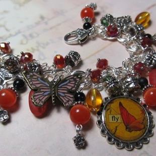 Art: Vintage Ephemera Butterflies Altered Art Charm Bracelet ooak by Artist Lisa  Wiktorek
