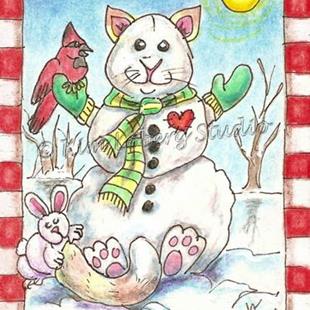 Art: Four Seasons Winter Snowman Cat - SOLD by Artist Kim Loberg