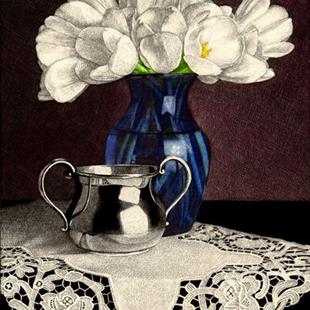 Art: Tulips in Blue Vase by Artist Sandra Willard