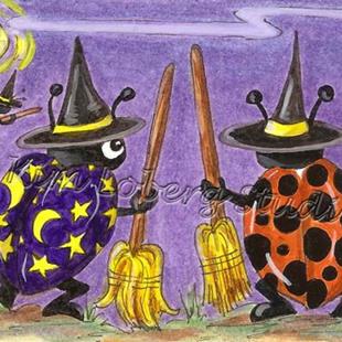 Art: Halloween Witch Lady Bugs Flight School SOLD by Artist Kim Loberg