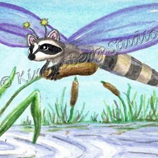 Art: Raccoon Dragonfly Chillin on a Cattail - SOLD by Artist Kim Loberg
