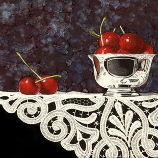 Art: Bowl of Cherries with Lace by Artist Sandra Willard