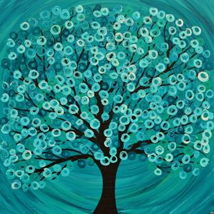 Art: Square Turquoise Abstract Tree Painting by Artist Louise Mead