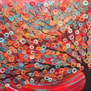 Art: Red Abstract Tree Painting Acrylic on Canvas by Artist Louise Mead