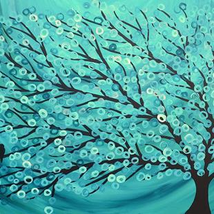 Art: Two Birds - Turquoise & Teal Abstract Tree Painting by Artist Louise Mead