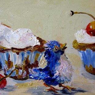 Art: Chubby Bird and Cupcakes with cherries by Artist Delilah Smith