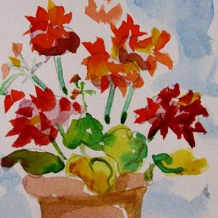 Art: Clay Pot of Geraniums Aceo-sold by Artist Delilah Smith