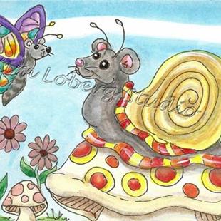 Art: Nice To Meet You! Butterfly Mouse & Snail by Artist Kim Loberg