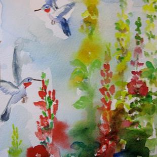 Art: Hollyhocks and Hummingbirds by Artist Delilah Smith