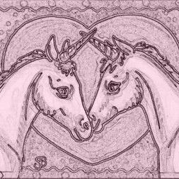Art: COLT AND FLIRTY FILLY - Unicorn Stamp by Artist Susan Brack