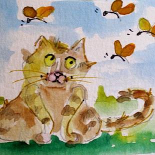 Art: Fat Cat and Butterflies by Artist Delilah Smith