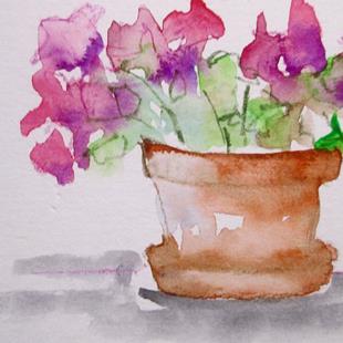 Art: Pink Flowers in Clay Pot Aceo by Artist Delilah Smith