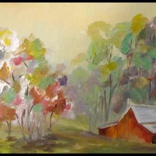 Art: Barn and Flowering Trees-sold by Artist Delilah Smith