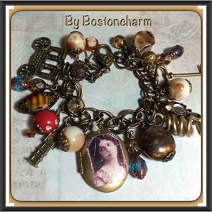 Art: Boho Altered Art charm bracelet by Artist Lisa  Wiktorek