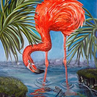 Art: Flamingo Beach: the Painting by Artist Alma Lee