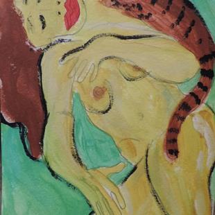Art: nude with tabby cat by Artist Nancy Denommee   