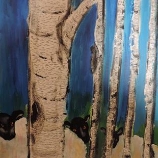 Art: sheep among the birch trees by Artist Nancy Denommee   