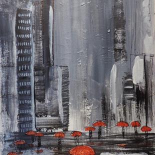 Art: red umbrellas in New York by Artist Nancy Denommee   