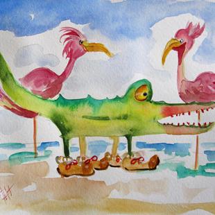 Art: Alligator and Flamingos by Artist Delilah Smith